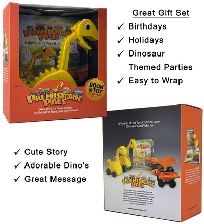 This gift set box is shown front and backside. It features the Brontie Brontosaurus Excavator ABS plastic toy in a window box. The prehistoric Pals Book is shown in the back of the box. Book title is Brontie and Pals Build a Park! Great gift set for dinosaur birthdays, holidays.  Easy to wrap gift box.