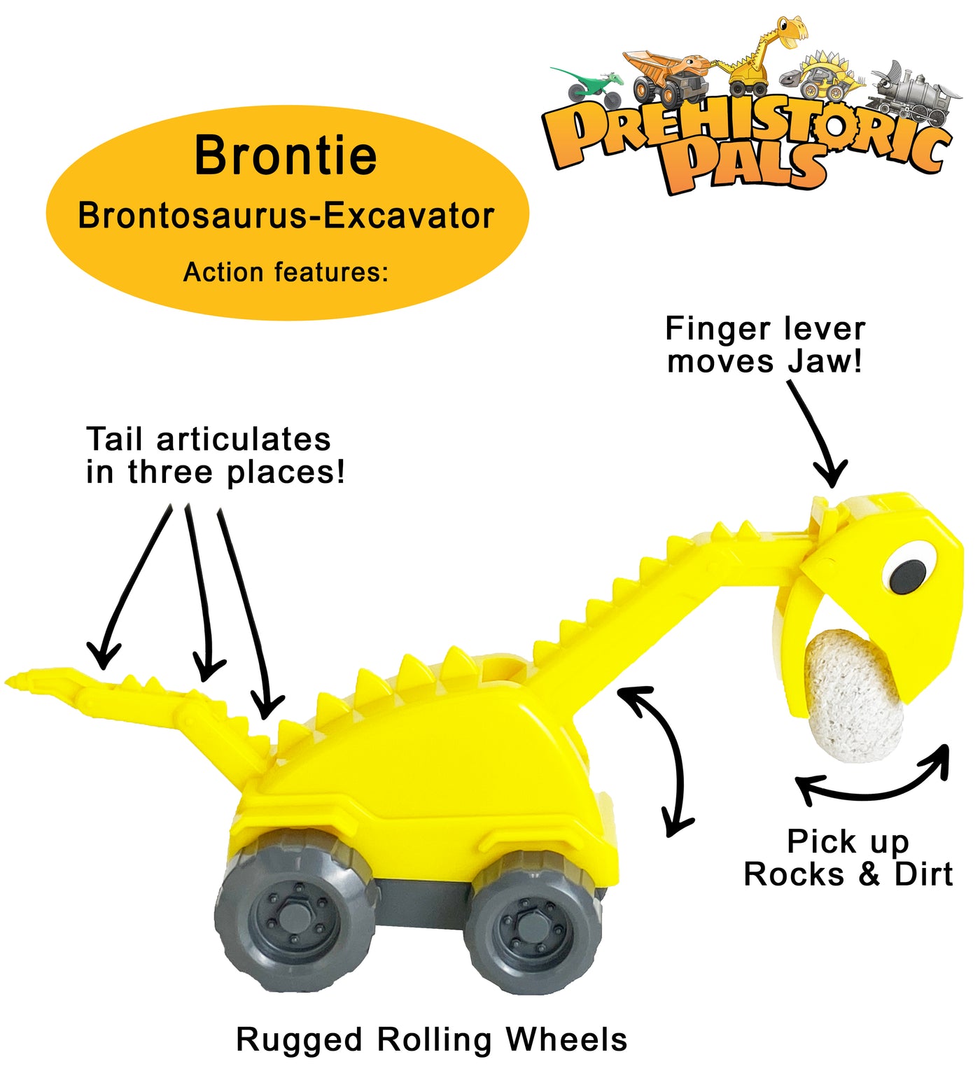 Brontie is a Brontosaurus-Excavator construction truck. It features a jaw that is moved with your finger to open and close the mouth and to pick up rocks. The  jack-hammer tails articulates in three different places. The neck rotates up and down and the 4 wheels roll to help finish the job.