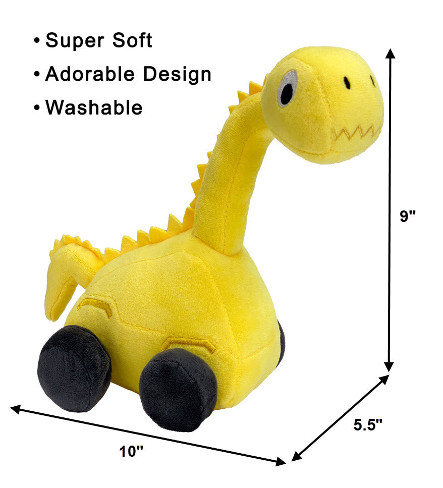 Brontie is a Brontosaurus-Excavator digging toy is yellow and grey and stands 8." tall and is 7.50 inches long. This Dinosaur is 4 inches wide and made of very soft yellow plush fabric.