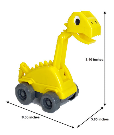 Brontie the Brontosaurus Excavator digging toy is yellow and grey and stands 8.40" tall and is 8.65" long. This Dinosaur is 3.85" wide and made of very durable ABS yellow Plastic. Bronite has 4 wheels and articulating tail, neck and jaw.