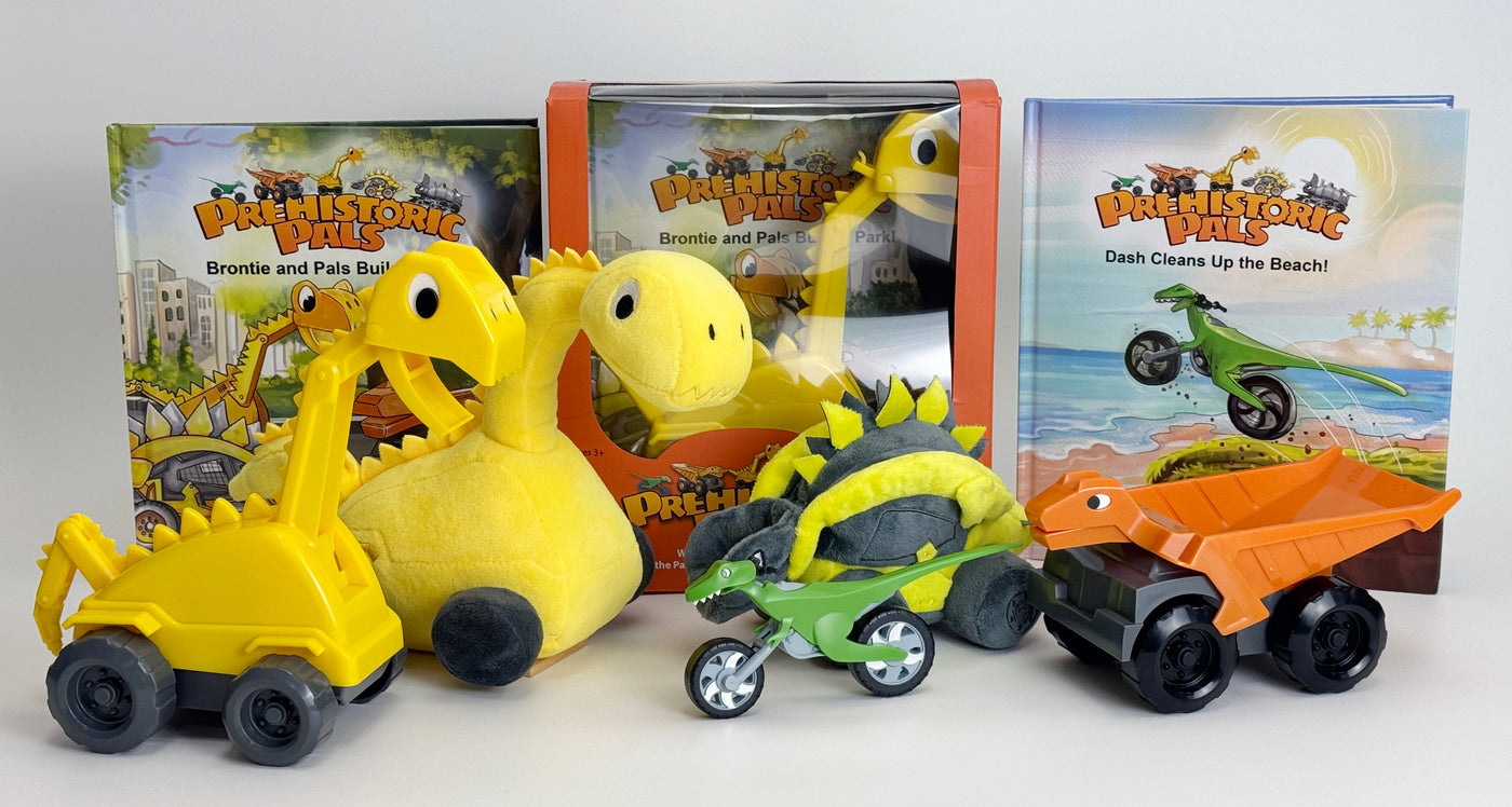 This image shows the two current Prehistoric pals books, three robust ABS plastic vehicle toys and three Plush Dinosaur toys. Books Brontie and pals build a park and Dash cleans up the Beach!